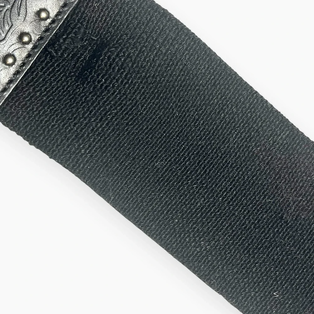 Chico's Silver Black Stretch Belt Leather Linen  Circle Buckle M / L Western
